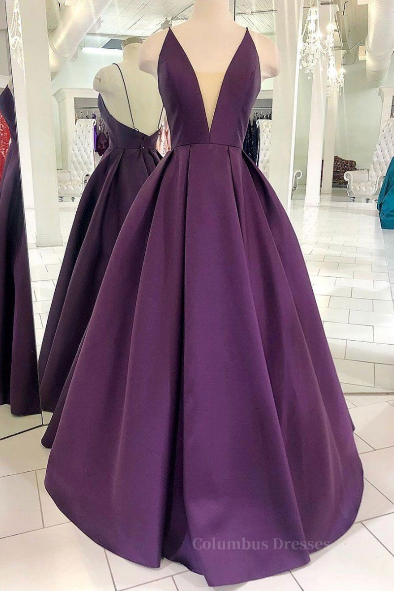 Formal Dresses Long Gowns, V Neck Backless Purple Satin Long Prom Dress, Backless Purple Formal Dress, Purple Evening Dress