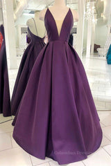 Formal Dresses Long Gowns, V Neck Backless Purple Satin Long Prom Dress, Backless Purple Formal Dress, Purple Evening Dress