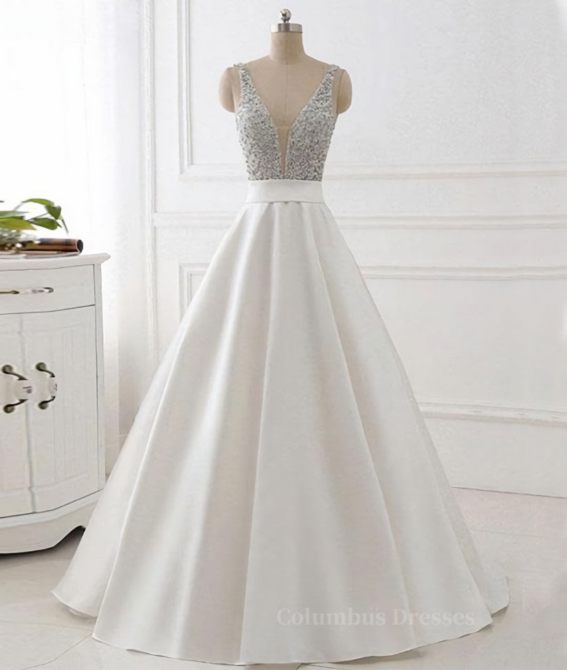 Evening Dress Designers, V Neck Backless White Prom Dress With Beads, V Neck Formal Dress, White Evening Dress