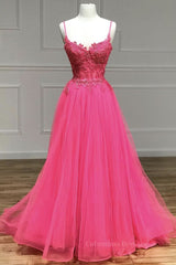 Homecoming Dress Black Girl, V Neck Beaded Hot Pink Lace Tulle Long Prom Dresses, Hot Pink Lace Formal Dresses, Hot Pink Evening Dresses