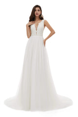 Wedding Dresses Styles, V-Neck Beaded Lace Beaded Applique Tulle Wedding Dresses