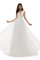 Weddings Dresses Style, V-Neck Beaded Lace Beaded Applique Tulle Wedding Dresses