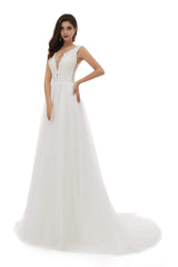 Wedding Dresse Styles, V-Neck Beaded Lace Beaded Applique Tulle Wedding Dresses