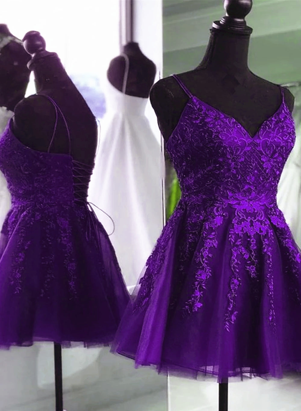 Bridesmaid Dresses Fall, V Neck Beaded Purple Lace Prom Dress, Purple Lace Homecoming Dress Short Party Dress