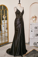 Evening Dresses Ball Gown, V-Neck Black Sheer Lace Corset Mermaid Prom Dress with Slit
