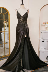 Evening Dresses Vintage, V-Neck Black Sheer Lace Corset Mermaid Prom Dress with Slit