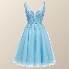 Bridesmaid Dress Different Styles, V Neck Blue Appliques Tulle A-line Short Dress
