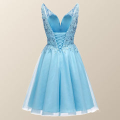 Bridesmaid Dress Inspo, V Neck Blue Appliques Tulle A-line Short Dress