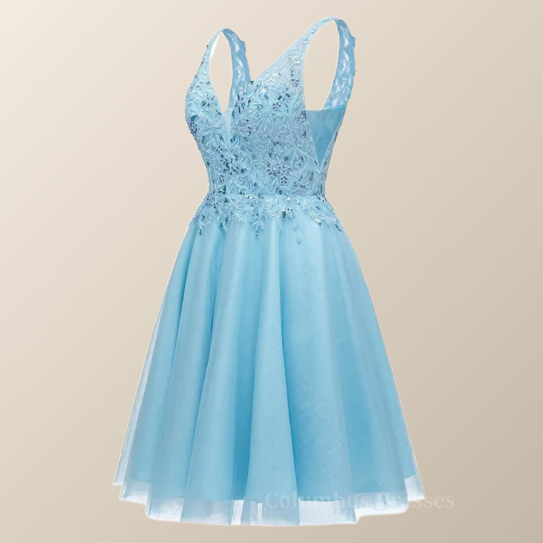 Bridesmaid Dresses Neutral, V Neck Blue Appliques Tulle A-line Short Dress