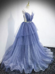Bridesmaids Dresses Colorful, V Neck Blue Beaded Layered Long Prom Dresses, Blue High Low Formal Graduation Dresses