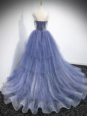 Bridesmaid Dresses Colors, V Neck Blue Beaded Layered Long Prom Dresses, Blue High Low Formal Graduation Dresses