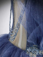 Bridesmaids Dress Color, V Neck Blue Beaded Layered Long Prom Dresses, Blue High Low Formal Graduation Dresses