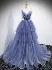 Bridesmaids Dress Colors, V Neck Blue Beaded Layered Long Prom Dresses, Blue High Low Formal Graduation Dresses