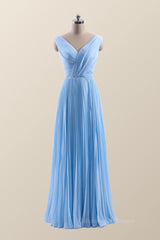 Party Dress Designs, V Neck Blue Chiffon A-line Long Bridesmaid Dress