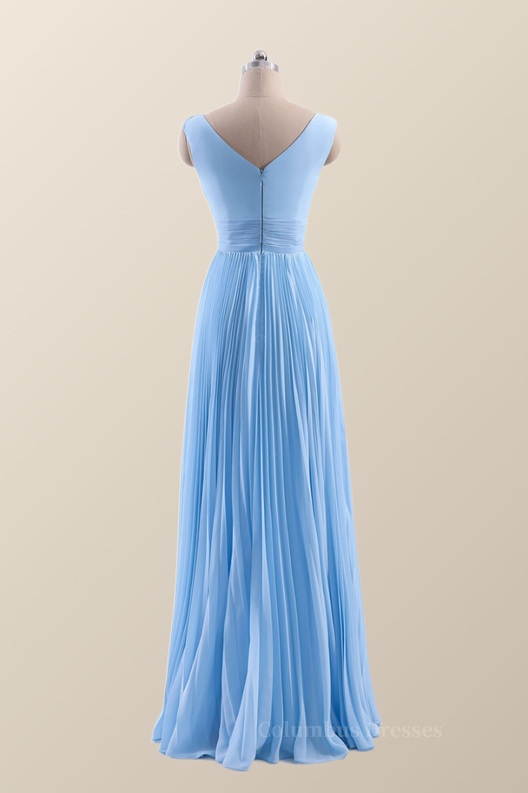 Party Dress Maxi, V Neck Blue Chiffon A-line Long Bridesmaid Dress