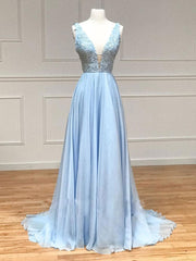 Party Dresses For Weddings, V Neck Blue Lace Prom Dresses, Blue V Neck Lace Formal Graduation Dresses