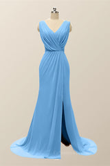 Evening Dresses V Neck, V Neck Blue Pleated Chiffon Long Bridesmaid Dress