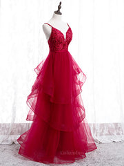 Formal Dress, V Neck Burgundy Lace Prom Dresses, Wine Red Lace Formal Evening Graduation Dresses