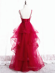 Prom, V Neck Burgundy Lace Prom Dresses, Wine Red Lace Formal Evening Graduation Dresses