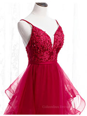 Pink Dress, V Neck Burgundy Lace Prom Dresses, Wine Red Lace Formal Evening Graduation Dresses