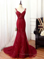 Homecoming Dress Under 82, V Neck Burgundy Mermaid Lace Prom Dresses, Wine Red Mermaid Lace Formal Bridesmaid Dresses