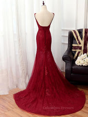 Homecomming Dresses Cute, V Neck Burgundy Mermaid Lace Prom Dresses, Wine Red Mermaid Lace Formal Bridesmaid Dresses