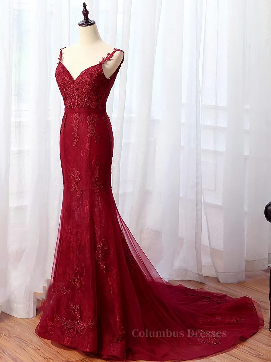 Homecoming Dresses Cute, V Neck Burgundy Mermaid Lace Prom Dresses, Wine Red Mermaid Lace Formal Bridesmaid Dresses