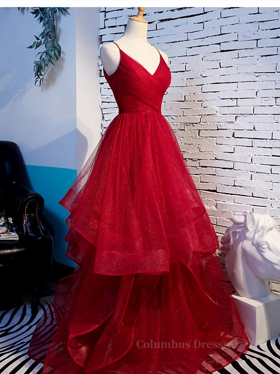 Ballgown, V Neck Burgundy Prom Dresses, Wine Red V Neck Formal Evening Dresses