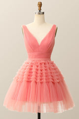 Formal Dresses Websites, V Neck Coral Ruffle A-line Short Homecoming Dress