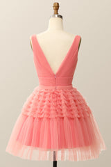 Formal Dress Store Near Me, V Neck Coral Ruffle A-line Short Homecoming Dress