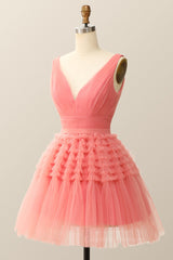 Formal Dress Stores Near Me, V Neck Coral Ruffle A-line Short Homecoming Dress