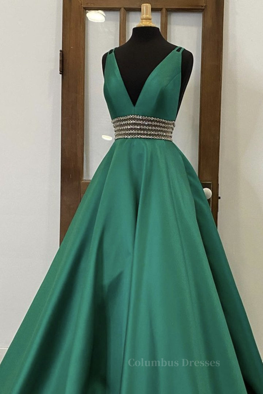Bridesmaid Dress Stylee, V Neck Emerald Green Satin Long Prom Dress, Emerald Green Formal Graduation Evening Dress