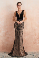 Prom Dresses 2042 Cheap, V-Neck Fitted Mermaid Black Prom Dresses with Sequins