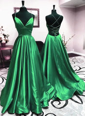 Wedding Dress, V Neck Green Backless A-line Satin Long Prom Dresses