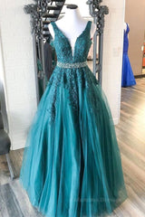 Bridesmaids Dress Gold, V Neck Green Lace Long Prom Dress with Beaded Belt, Long Green Lace Formal Evening Dress