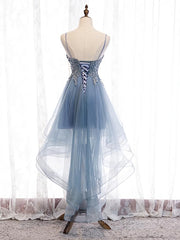 Green Prom Dress, V Neck High Low Blue Lace Prom Dresses, Blue Lace High Low Formal Evening Graduation Dresses