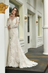Wedding Dresses Nearby, V-Neck High Split Long Sleeves Lace Wedding Dresses With Court Train