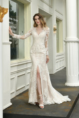 Wedding Dress Boutique, V-Neck High Split Long Sleeves Lace Wedding Dresses With Court Train