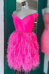 Evening Dresses Prom, V-Neck Hot Pink Tight Homecoming Dress with Feathered Skirt