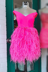 Evening Dress Prom, V-Neck Hot Pink Tight Homecoming Dress with Feathered Skirt