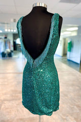 Evening Dresses 06, V-Neck Hunter Green Sequin Cutout Short Homecoming Dress