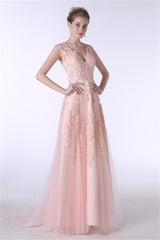 Party Dress Code Man, V-Neck Lace Applique Tulle A Line Peach Pink Prom Dresses