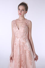 Formal Attire, V-Neck Lace Applique Tulle A Line Peach Pink Prom Dresses