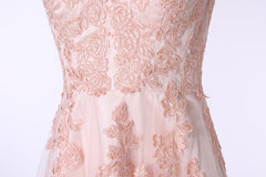 Classy Gown, V-Neck Lace Applique Tulle A Line Peach Pink Prom Dresses