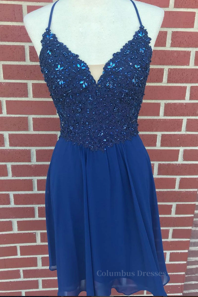 Prom Dresses For Adults, V Neck Lace Beaded Blue Homecoming Dresses Short Prom Dresses, Blue Lace Graduation Dresses, Blue Formal Dresses, Evening Dresses