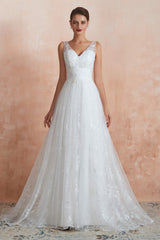 Wedding Dresses Mermaid, V-Neck Lace Pleated White A-Line Wedding Dresses