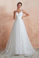 Wedding Dress Mermaid, V-Neck Lace Pleated White A-Line Wedding Dresses