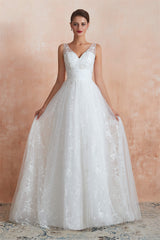 Wedding Dress Long Sleeve, V-Neck Lace Pleated White A-Line Wedding Dresses