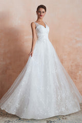 Wedding Dress Style, V-Neck Lace Pleated White A-Line Wedding Dresses