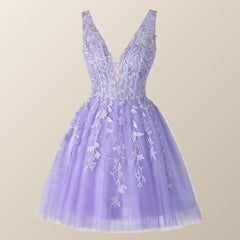 Bridesmaid Dresses Satin, V Neck Lavender Appliques A-line Short Homecoming Dress